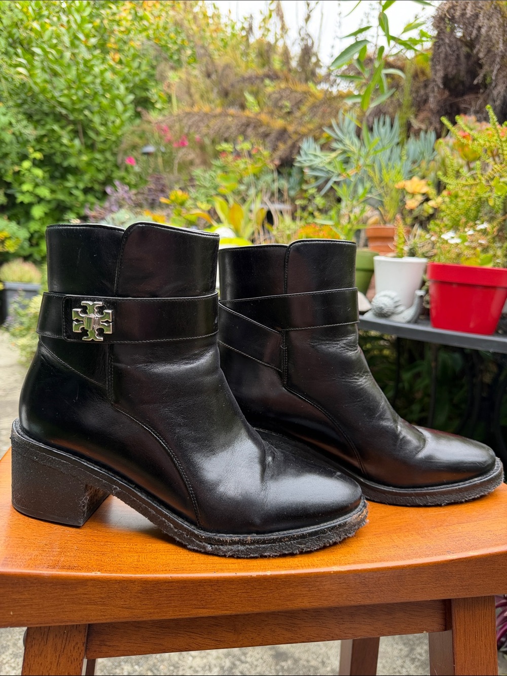 Tory Burch Black Leather Ankle Boots with Gold Logo Plaque